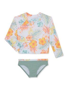Wonder Nation Tropical Green & Orange Hibiscus Toddler Rash Guard Set Size 18 Mo
